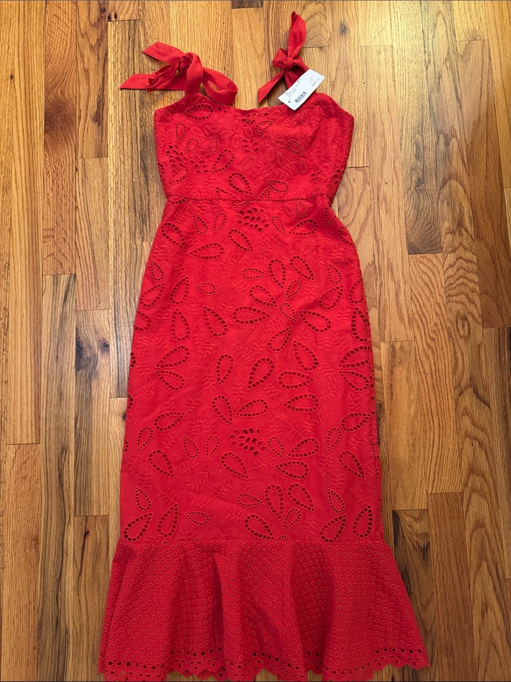 SALONI Red Eyelet Tie-Shoulder Midi Dress